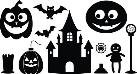 Collection of black halloween silhouettes featuring pumpkins bats haunted castle and spooky figures
