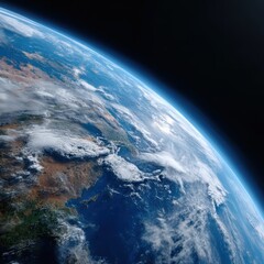 Close-up of Earth seen from space, continents and clouds, fragile beauty. Global, environmental. Blue planet.