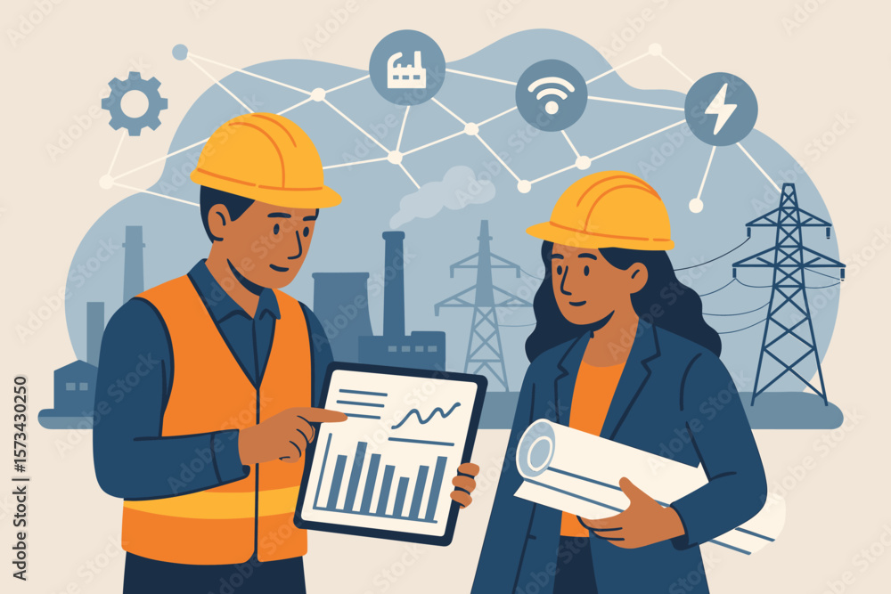 Poster industrial engineers with helmet and blueprints analyzing project data at a power plant. teamwork an