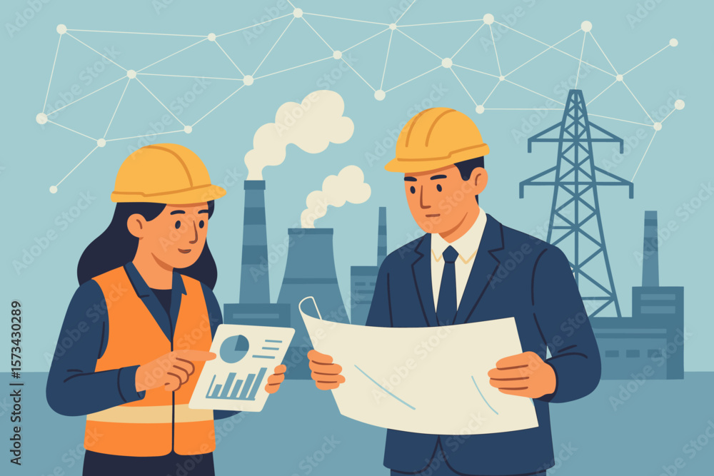 Poster engineering and industry concept. two engineers in safety helmets with blueprints and tablet analyzi