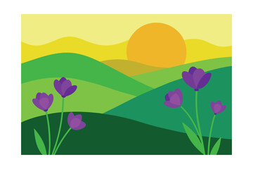 Obraz premium Purple Wildflowers In Foreground Green Hills And Sky