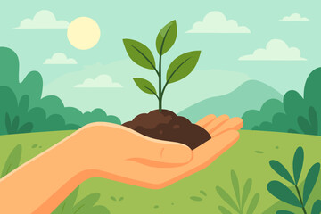 Human hand holding young plant sprout with soil. Nature background. Environment care, conservation, ecology concept. New life, growth, gardening. Flat vector illustration.