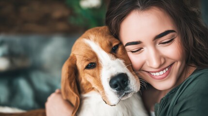 Smiling young woman hugging her dog indoors – pet love, emotional bonding and happy lifestyle concept