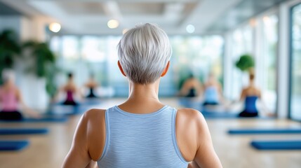 Senior woman practicing yoga in group fitness class – active aging, wellness lifestyle and health concept