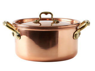 polished copper cooking pot with elegant brass handles on white background