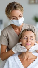 Spa therapist giving facial massage to relaxed woman – skincare, beauty treatment and wellness therapy concept