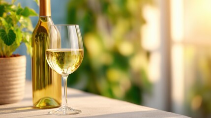 White wine glass and bottle on wooden table in natural light – fine beverage, elegance and relaxation lifestyle concept