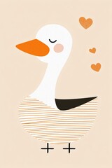 Happy duck cartoon with hearts on beige background – love theme, baby room decor and animal illustration concept