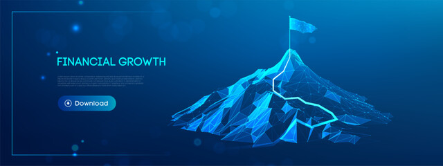 Tech success mountain concept with business growth background and leadership vision. Abstract 3D journey path with arrow climb toward career goals and AI opportunities. Vector illustration.