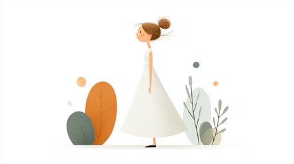 Minimalist illustration of a girl in white dress walking near abstract foliage – children’s book art and character design concept