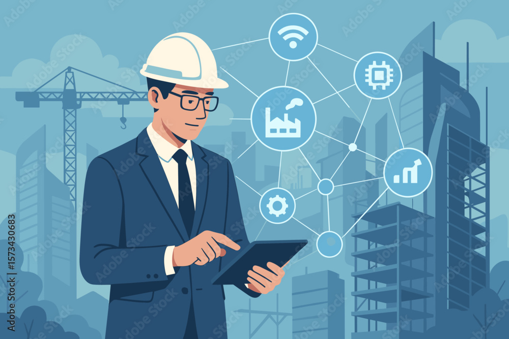 Poster engineer manager on a construction site using a tablet for smart industry 4.0 innovation. futuristic