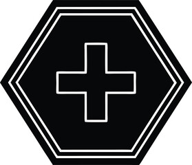 Obraz premium Black Octagon Shape with Double White Outline Featuring a White Medical Cross Symbol in the Center Geometric Icon Graphic Element