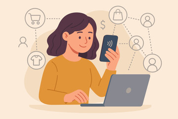 Woman makes online payment with phone. E-commerce, digital marketing, and omni-channel retail concept. Customer network, m-banking, and mobile shopping vector illustration.