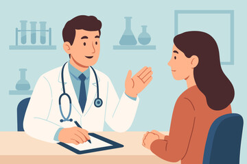 Doctor consulting a patient in a clinic office. Physician with stethoscope giving medical advice and diagnosis to a woman. Healthcare and medicine concept. Vector cartoon illustration.