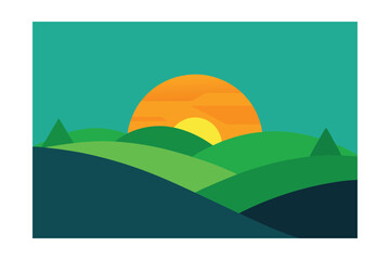 Minimalist Illustration Of Green Hills And A Glowing Horizon
