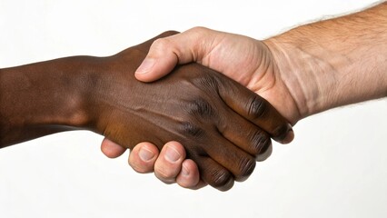 An interracial handshake represents diversity, partnership, and global collaboration, symbolizing unity and cooperation between cultures.