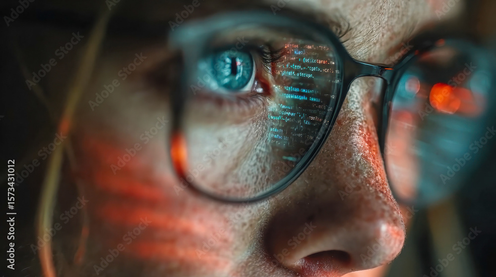 Poster close-up of a woman with glasses reflecting programming code, symbolizing technology and software de