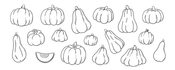 Hand drawn pumpkins collection, sketched doodles, isolated cartoon elements set for prints, cards, posters, banners, coloring pages, social media decor, sublimation, etc. EPS 10