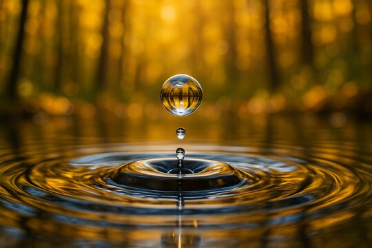 Macro photo of a single water droplet above a forest pond, with concentric ripples and golden autumn forest reflected in the droplet. Warm tones, soft bokeh background.