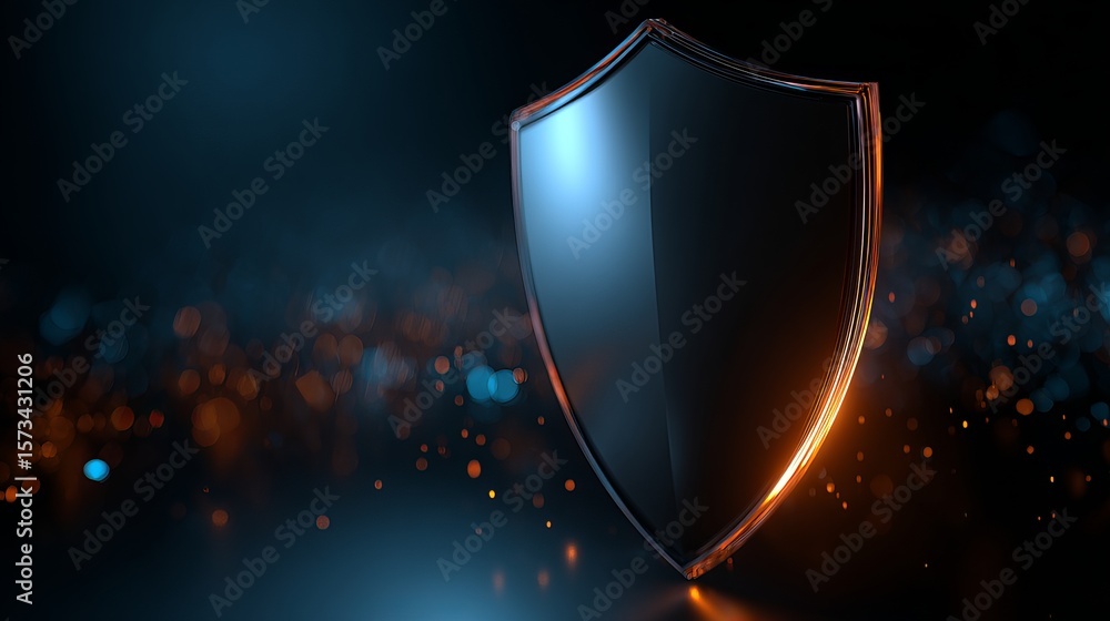 Poster sleek, reflective shield illuminated by soft light accents against a dark and bokeh filled backgroun