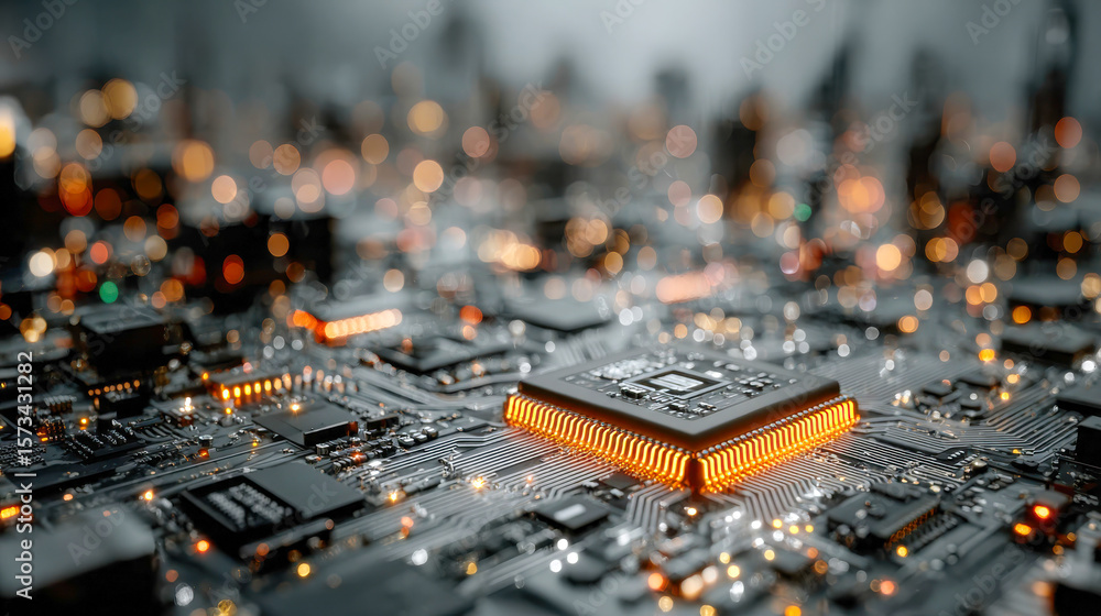 Poster detailed view of a modern circuit board with illuminated components and intricate pathways, emphasiz