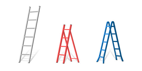 Set of realistic ladders in different styles and colors isolated on white background