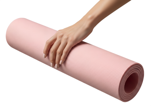 Woman's hand holding rolled pink yoga mat, fitness and wellness lifestyle, isolated on transparent background, workout equipment, active living