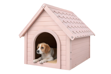 Cute dog inside pink dog house isolated on transparent background, pet care, playful puppy, animal shelter, fun pet concept