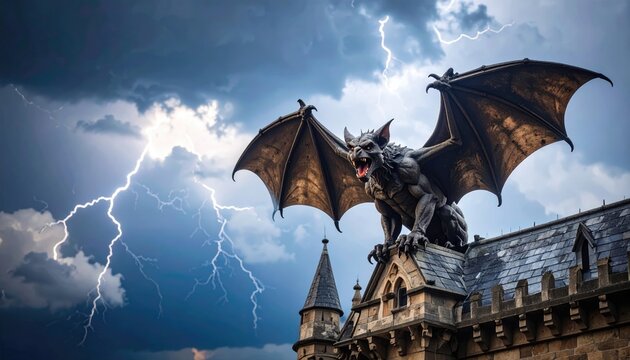 Dragon gargoyle on a stormy castle