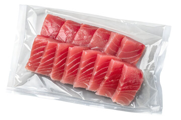 Fresh tuna slices in vacuum-sealed packaging isolated, raw fish for sushi, seafood product, healthy food, transparent wrap, gourmet ingredient