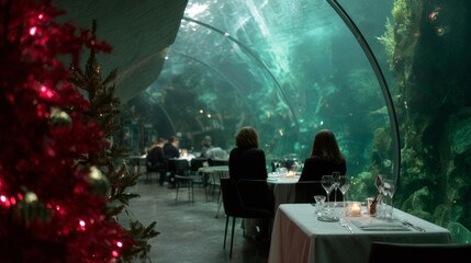 Romantic dinner in underwater restaurant with Christmas decor
