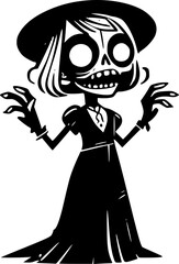 halloween drawing of a silly zombie character in a funny pose in black and white doodle style for halloween themed designs
