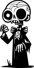 halloween drawing of a silly zombie character in a funny pose in black and white doodle style for halloween themed designs