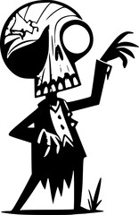 halloween drawing of a silly zombie character in a funny pose in black and white doodle style for halloween themed designs