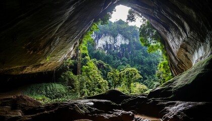 view from inside deer cave in gunung mulu national park looking outside