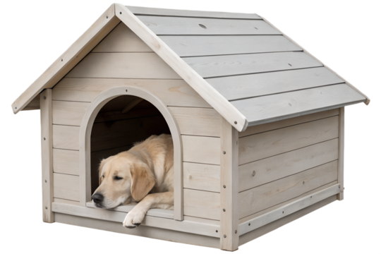 Dog relaxing inside wooden dog house with gable roof, cozy pet shelter, canine resting spot, outdoor pet house
