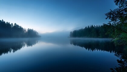 Fototapeta premium foggy calm lake and forest at summer night