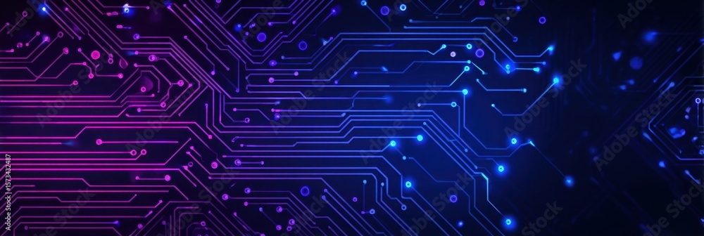 Poster abstract circuit board background vector presentation design with a blue light effect on dark purple