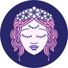 iconic tattoo style image of female face with third eye in bright neon color