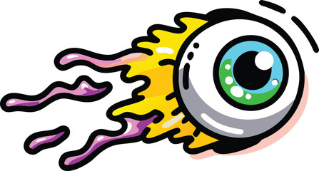 Fototapeta premium Cartoon Eye with Yellow and Purple Trails Flying Through Space Bold Lines Bright Colors Psychedelic Style