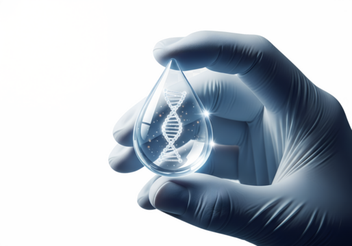 DNA strand inside water drop held by gloved hand, genetic research concept, isolated on transparent background, science and biotechnology