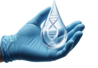 DNA strand inside water droplet, genetics and biotechnology concept, isolated on transparent background, science research, healthcare innovation