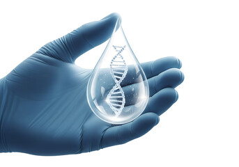DNA strand inside water drop held by gloved hand, genetic research concept, isolated on transparent background, science and biotechnology