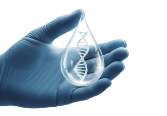 DNA strand inside water drop held by gloved hand, genetic research concept, isolated on transparent background, science and biotechnology