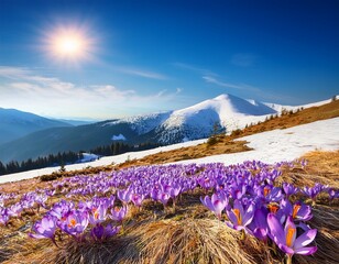 spring landscape of blooming flowers violet crocuses crocus heuffelianus on glade in mountains covered of snow carpathian mountains