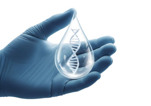 DNA strand inside water drop held by gloved hand, genetic research concept, isolated on transparent background, science and biotechnology