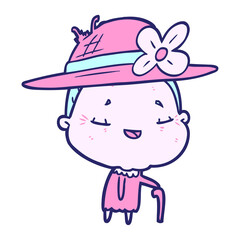cartoon old woman with walking stick in bright neon color