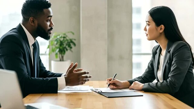 Professional discussion at a desk, man gesturing, woman taking notes