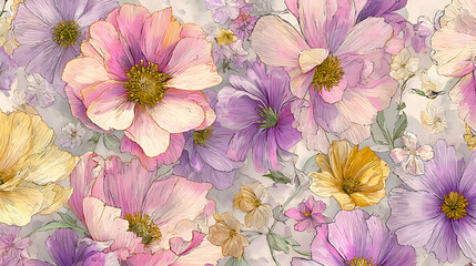 Serene Springtime Blossom: Pastel Floral Harmony with Artistic Hand-Drawn Charm