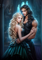 Romantic fantasy couple in magical world, elegant characters in medieval or fairytale setting, enchanted love scene with fantasy outfits and mystical atmosphere
